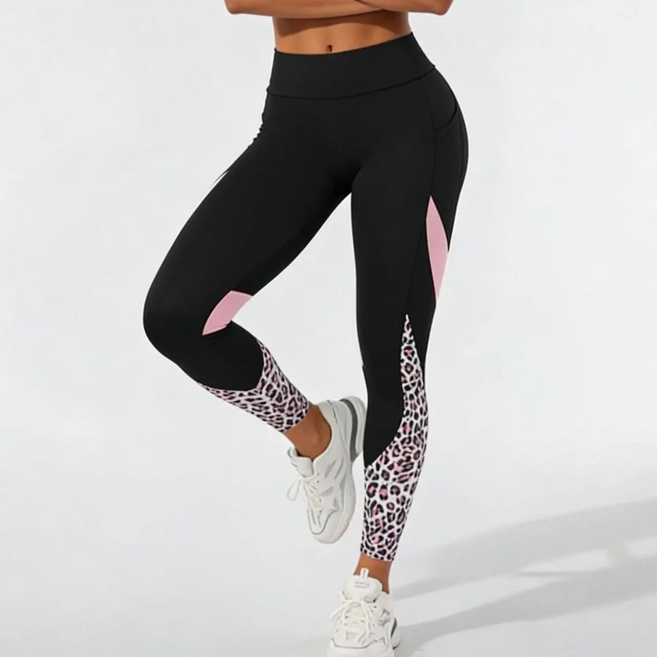 Women's High-Waist Leopard Patchwork Leggings with Pockets