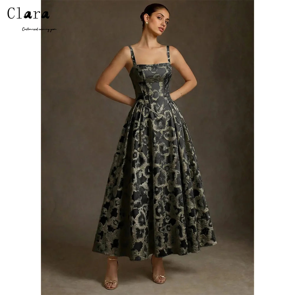 Clara A-Line Evening Dress — Square Collar, Ankle Length