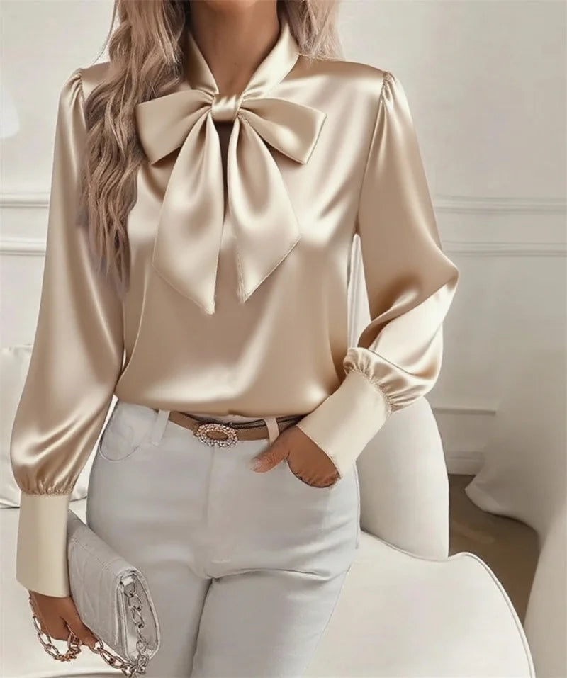 Women's Satin Bow Neck Long Sleeve Blouse
