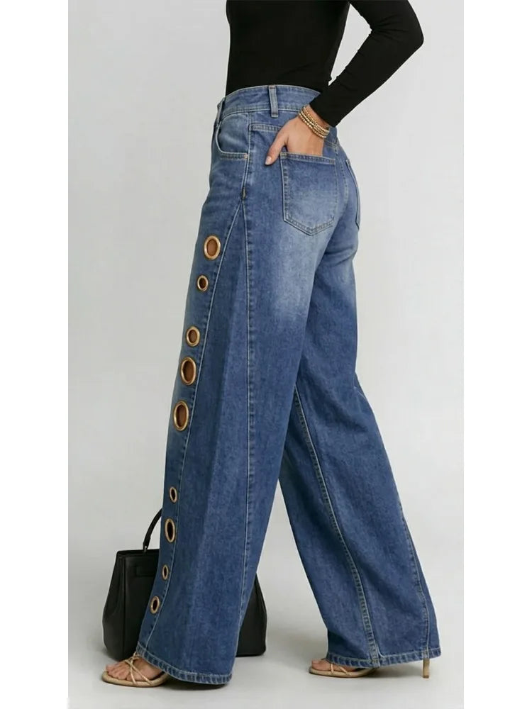 Women's High Waist Metal Grommet Wide Leg Jeans