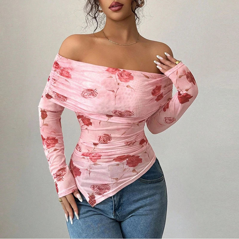 Printed Off-Shoulder Long Sleeve Top