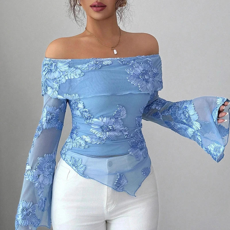 Printed Off-Shoulder Long Sleeve Top