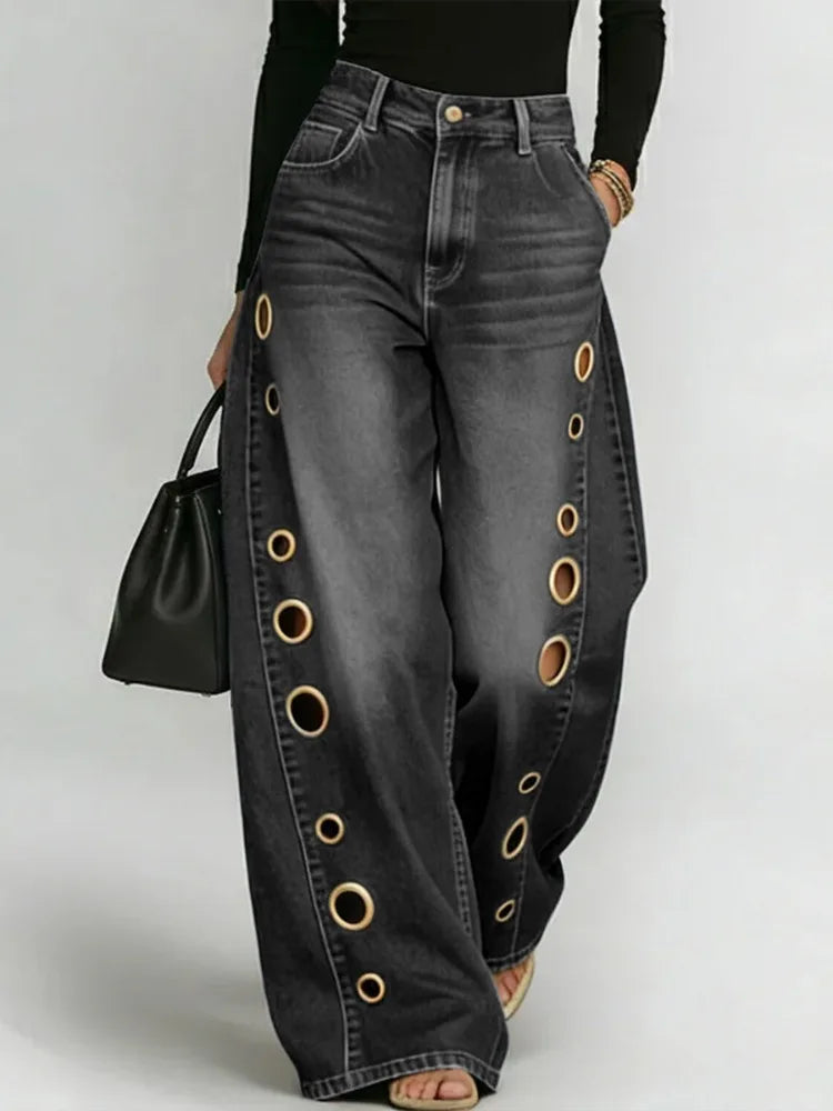 Women's High Waist Metal Grommet Wide Leg Jeans