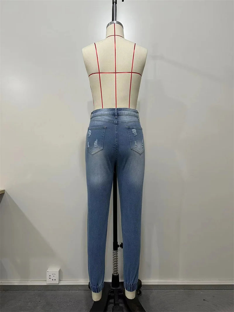 Women's Alphabet Print Distressed Stretch Pencil Jeans