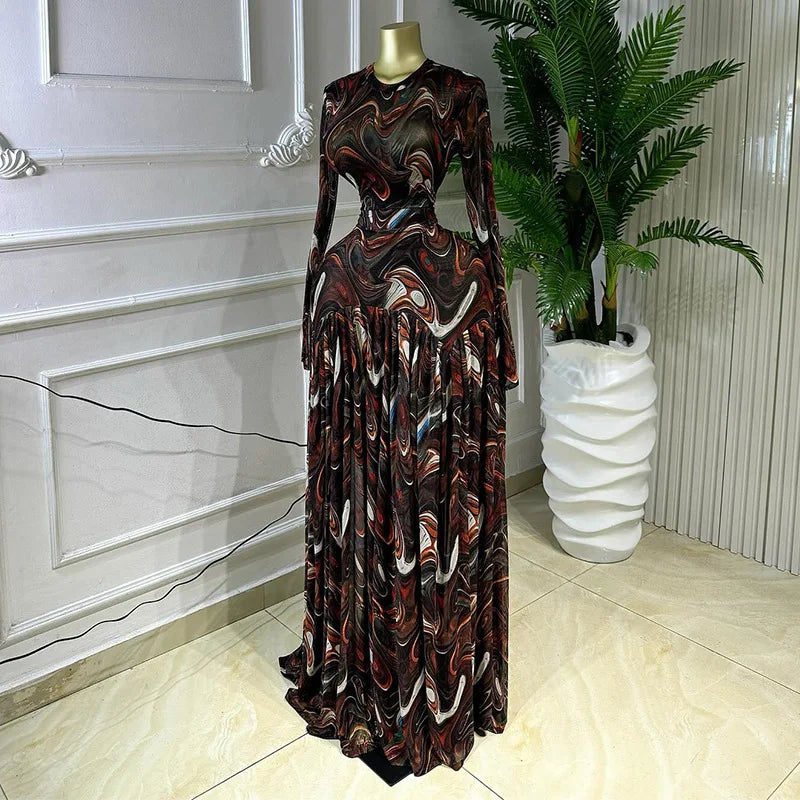 Printed Pleated A-Line Evening Gown