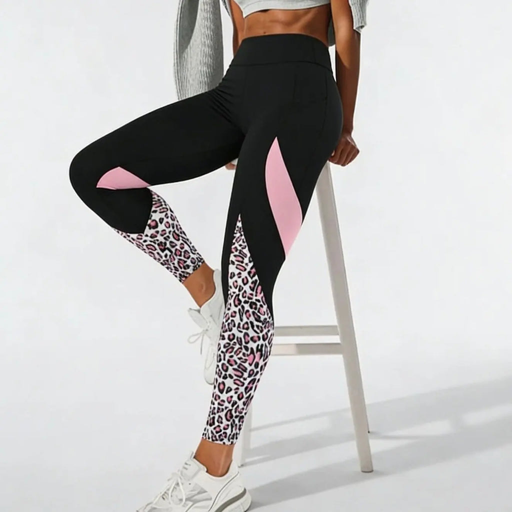 Women's High-Waist Leopard Patchwork Leggings with Pockets
