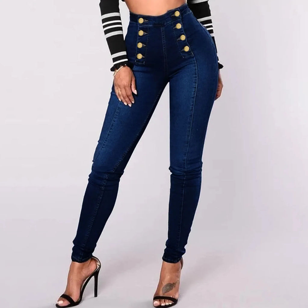 Women's High Waist Double-Breasted Multi-Button Skinny Jeans
