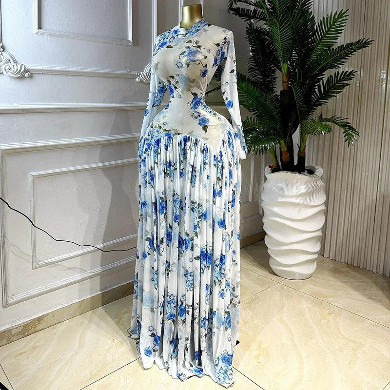 Printed Pleated A-Line Evening Gown