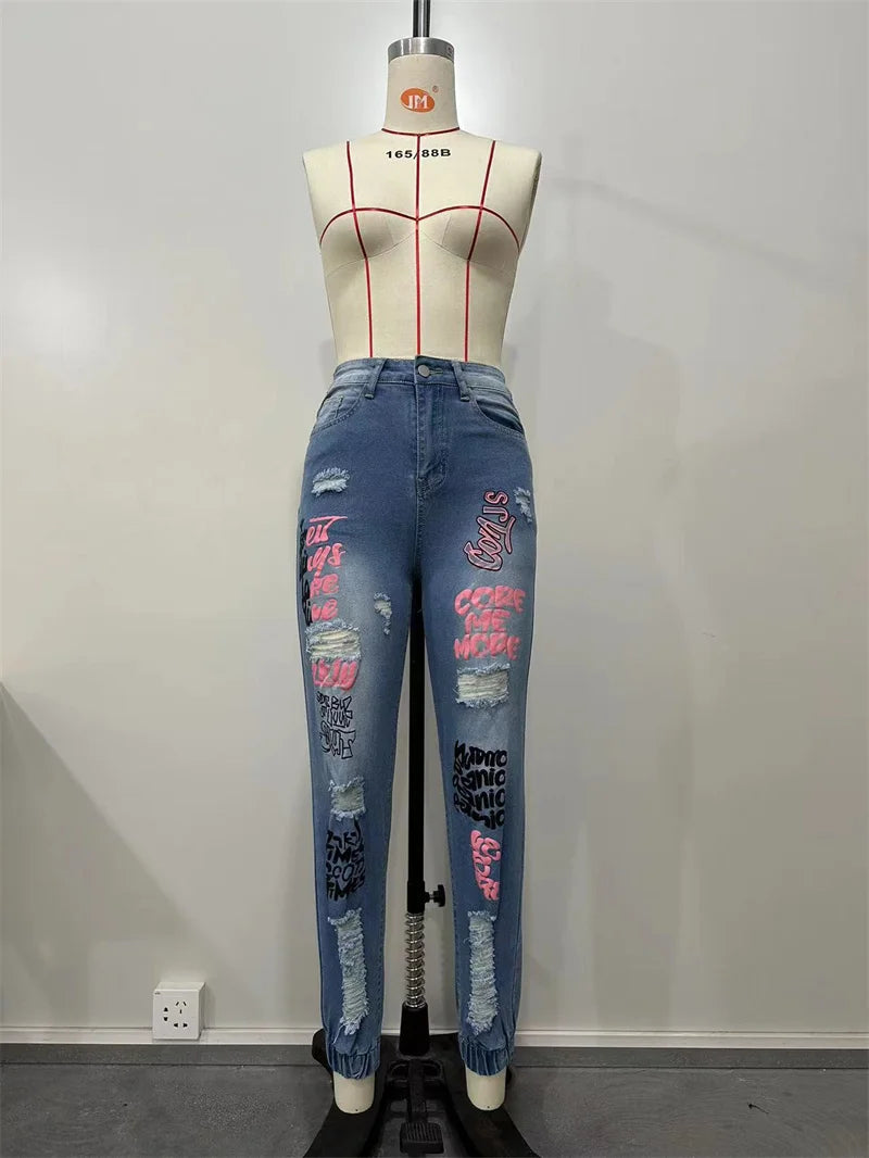 Women's Alphabet Print Distressed Stretch Pencil Jeans