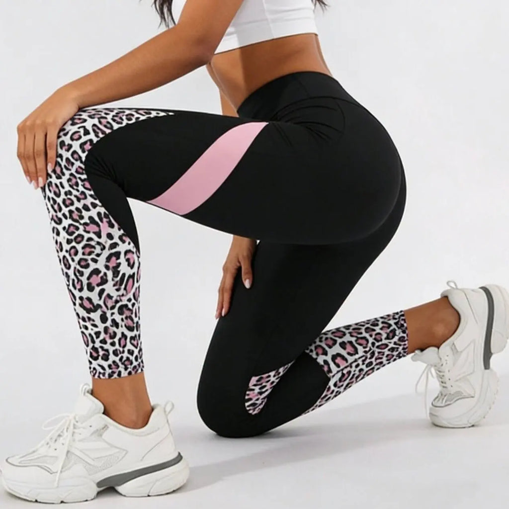 Women's High-Waist Leopard Patchwork Leggings with Pockets