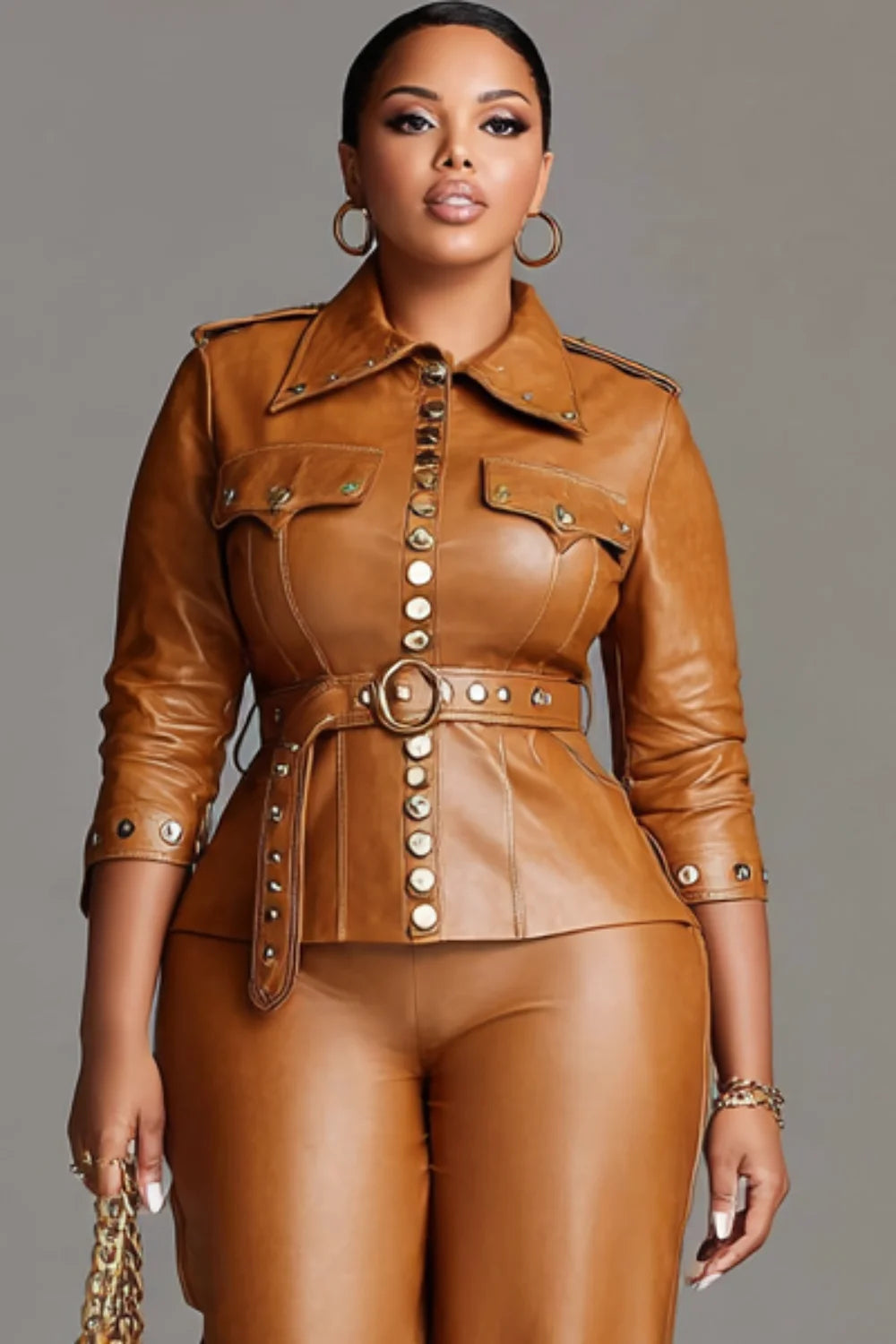 Women's Plus Size PU Leather Two-Piece Pant Suit