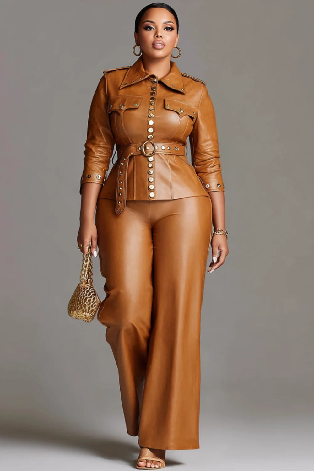 Women's Plus Size PU Leather Two-Piece Pant Suit