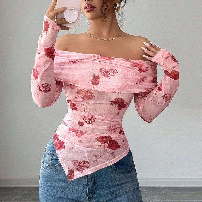 Printed Off-Shoulder Long Sleeve Top