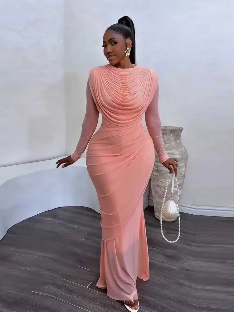 Mesh Draped Collar Bodycon Midi Dress