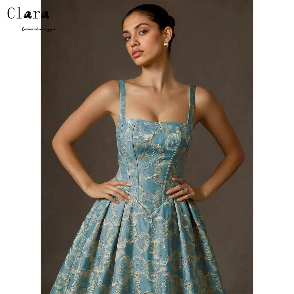 Clara A-Line Evening Dress — Square Collar, Ankle Length