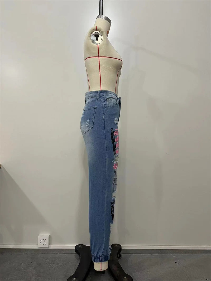 Women's Alphabet Print Distressed Stretch Pencil Jeans