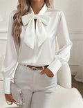 Women's Satin Bow Neck Long Sleeve Blouse