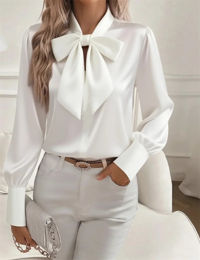 Women's Satin Bow Neck Long Sleeve Blouse