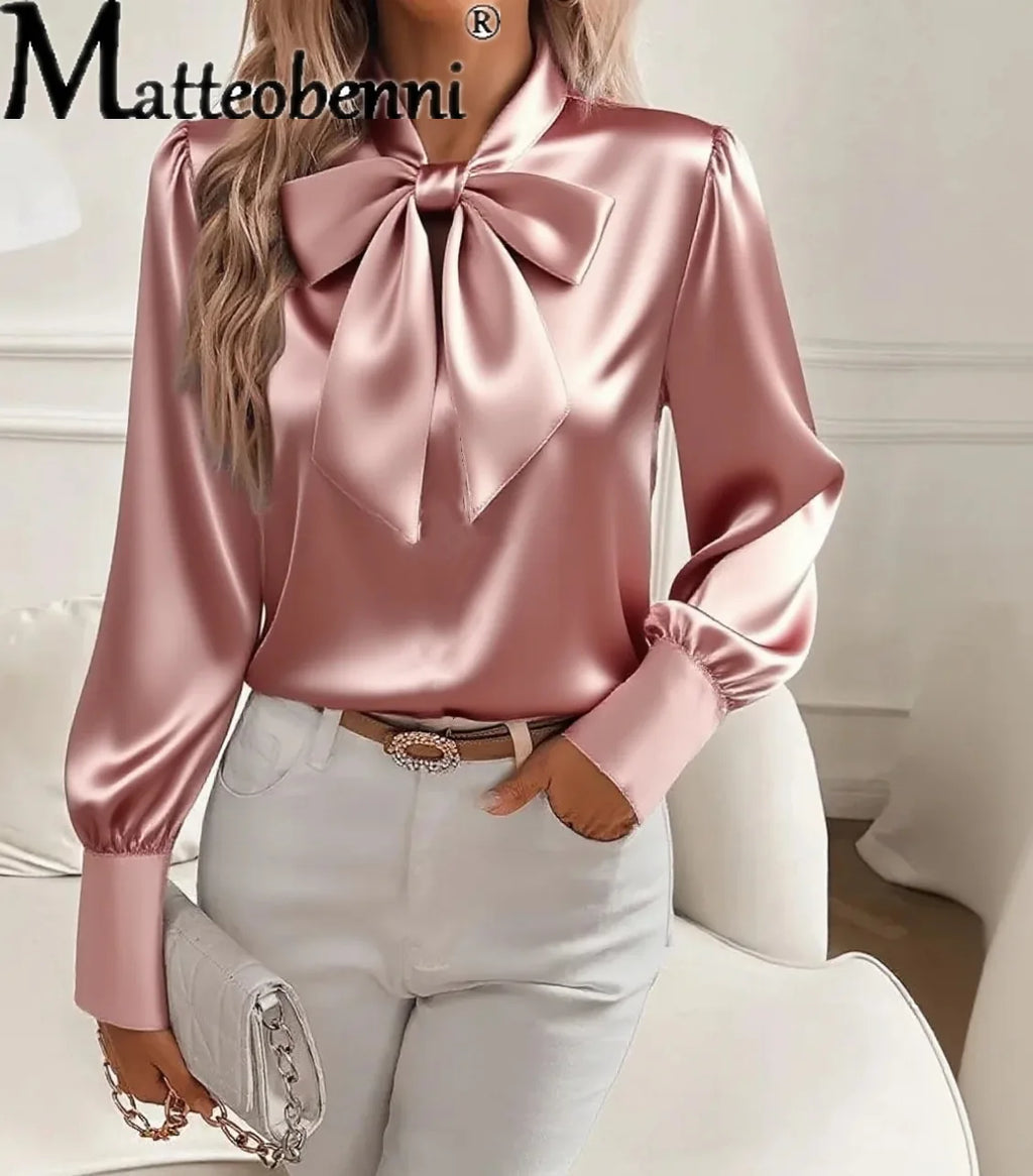 Women's Satin Bow Neck Long Sleeve Blouse