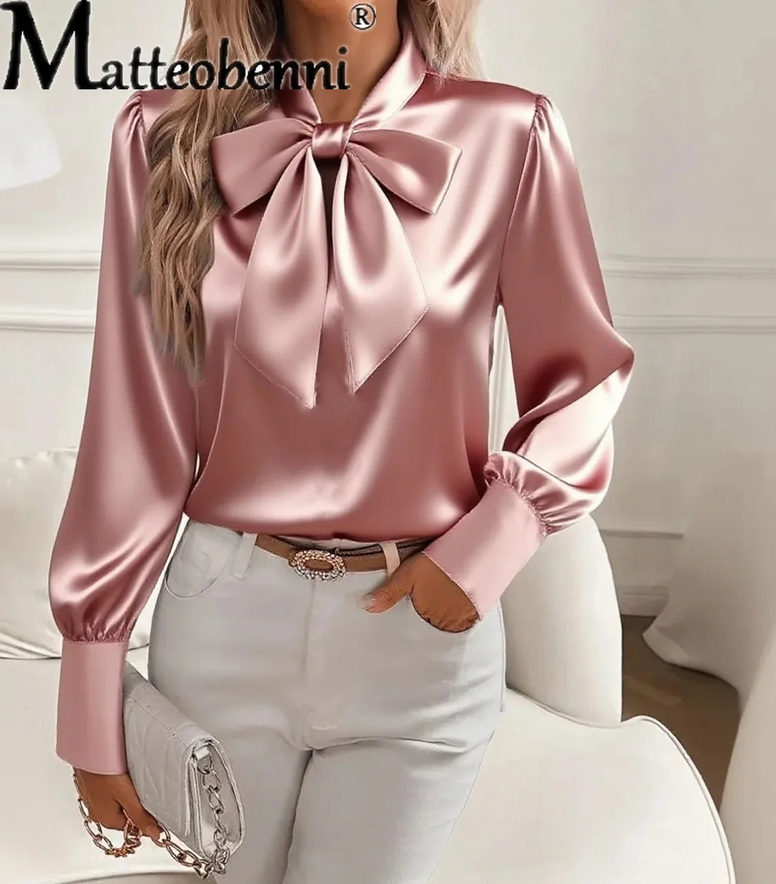 Women's Satin Bow Neck Long Sleeve Blouse