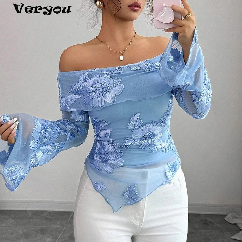 Printed Off-Shoulder Long Sleeve Top