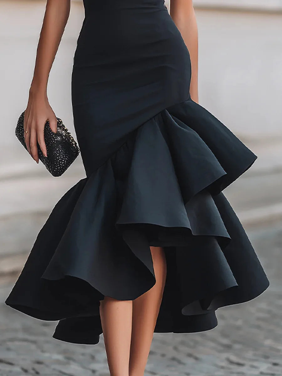 Asymmetric Ruffle Dress — Slim Fit, Short Sleeve