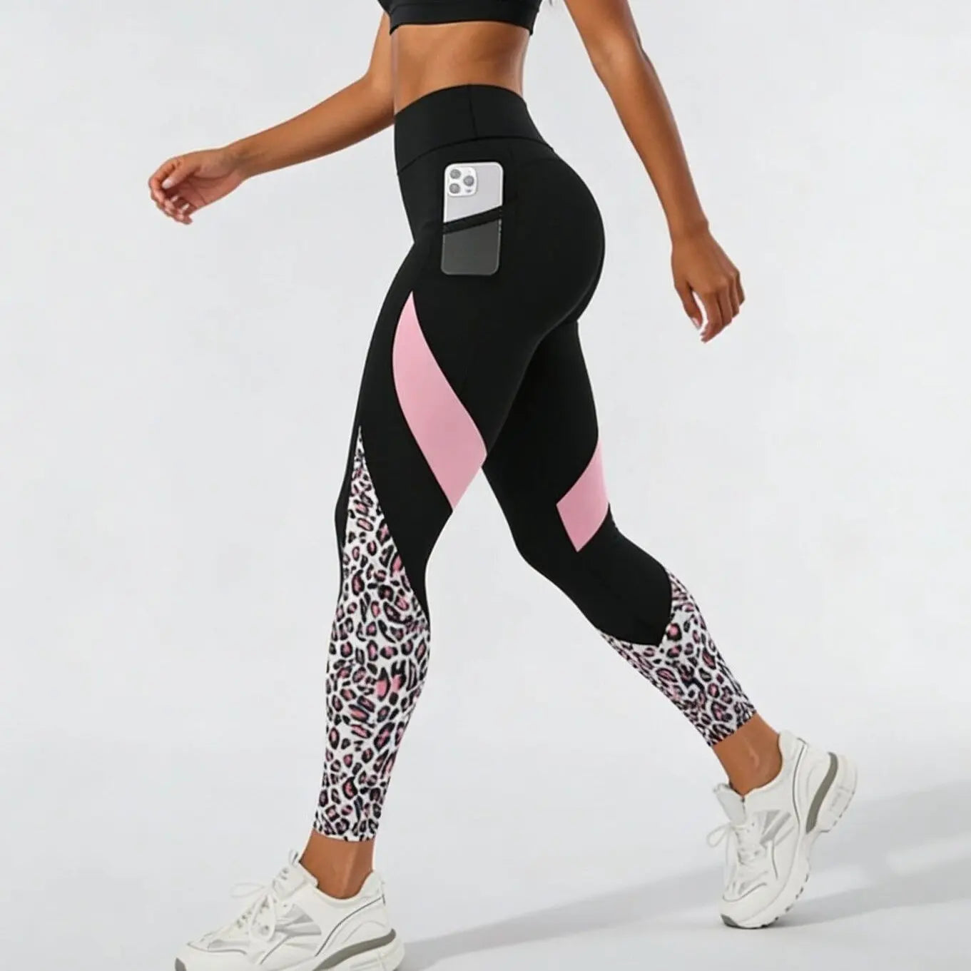 Women's High-Waist Leopard Patchwork Leggings with Pockets