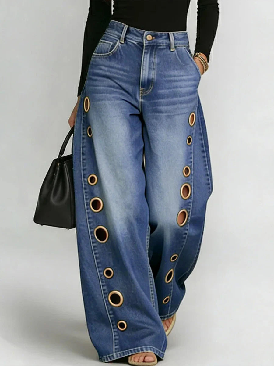 Women's High Waist Metal Grommet Wide Leg Jeans