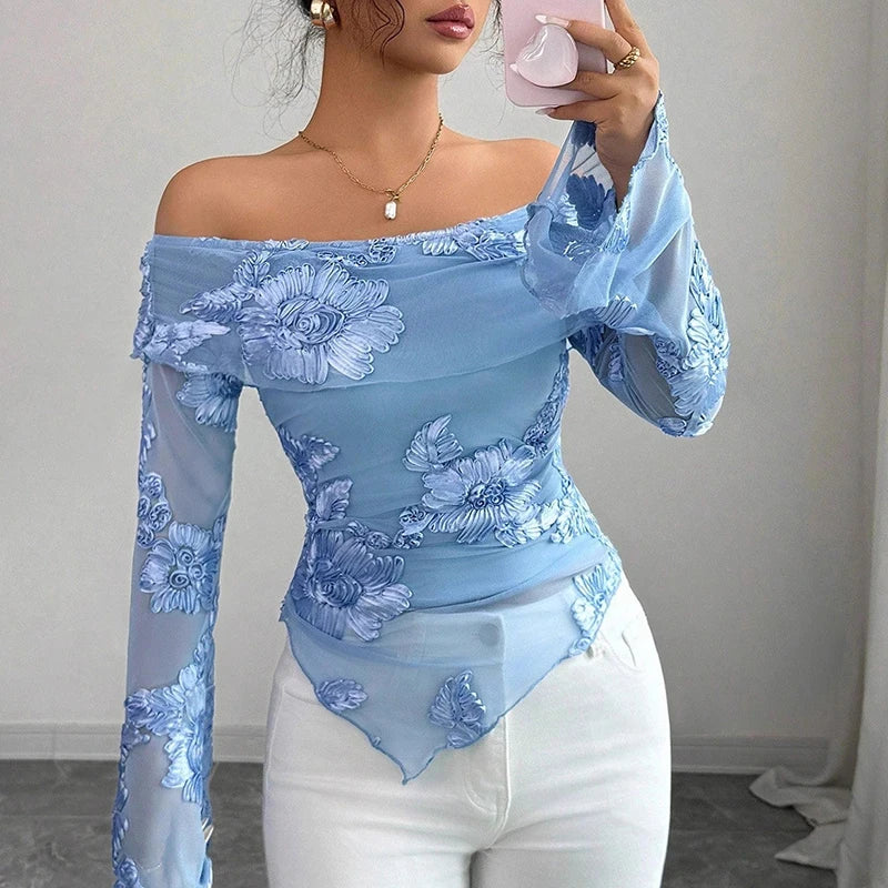 Printed Off-Shoulder Long Sleeve Top