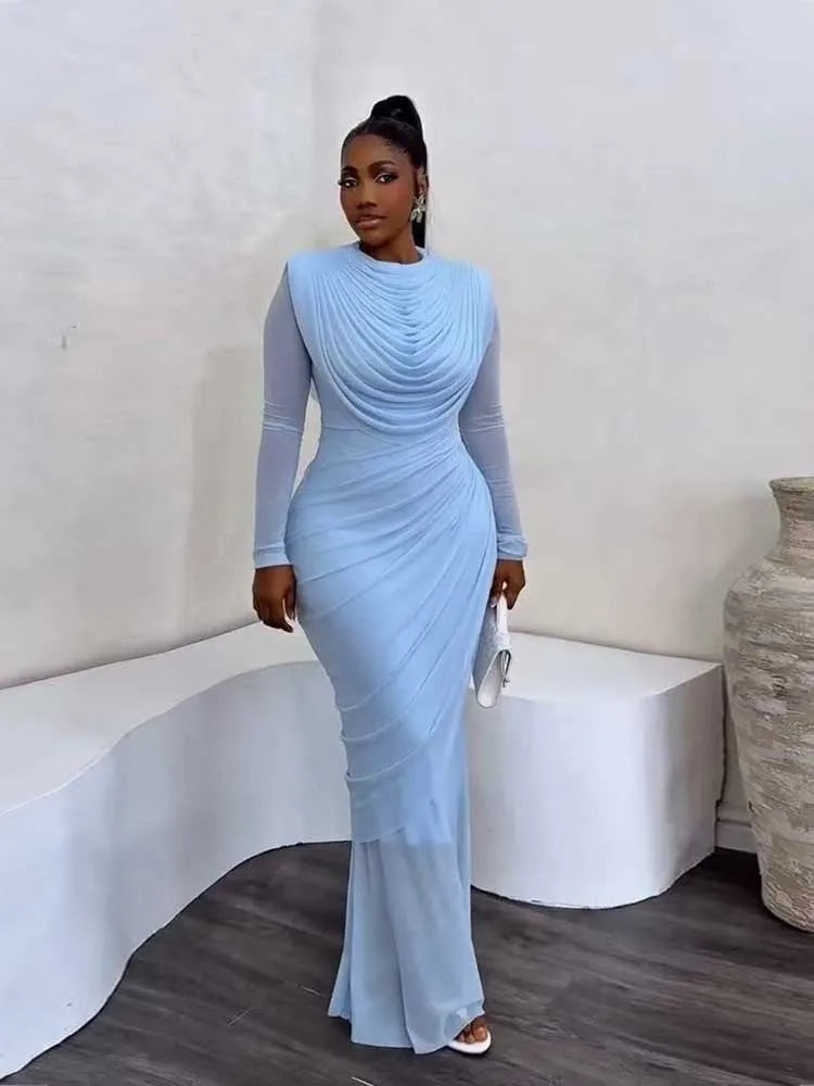 Mesh Draped Collar Bodycon Midi Dress