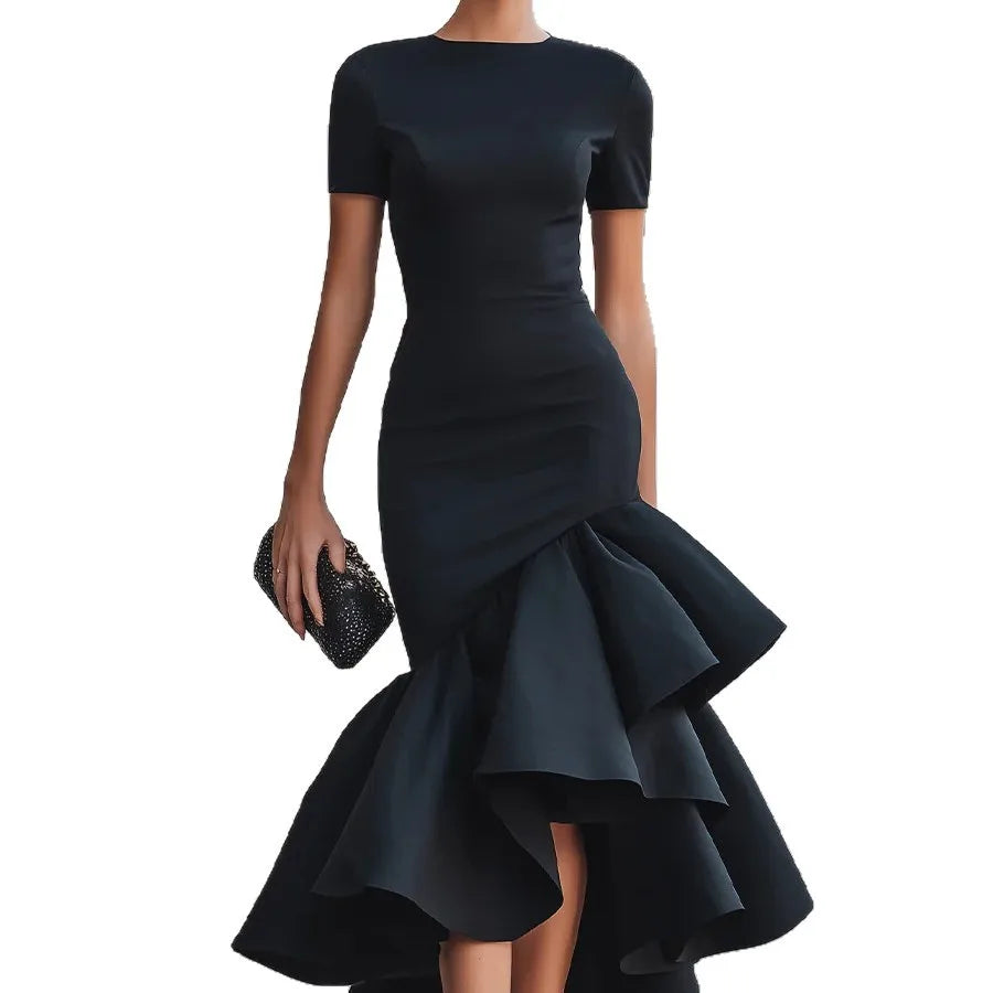 Asymmetric Ruffle Dress — Slim Fit, Short Sleeve