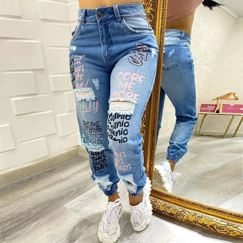 Women's Alphabet Print Distressed Stretch Pencil Jeans