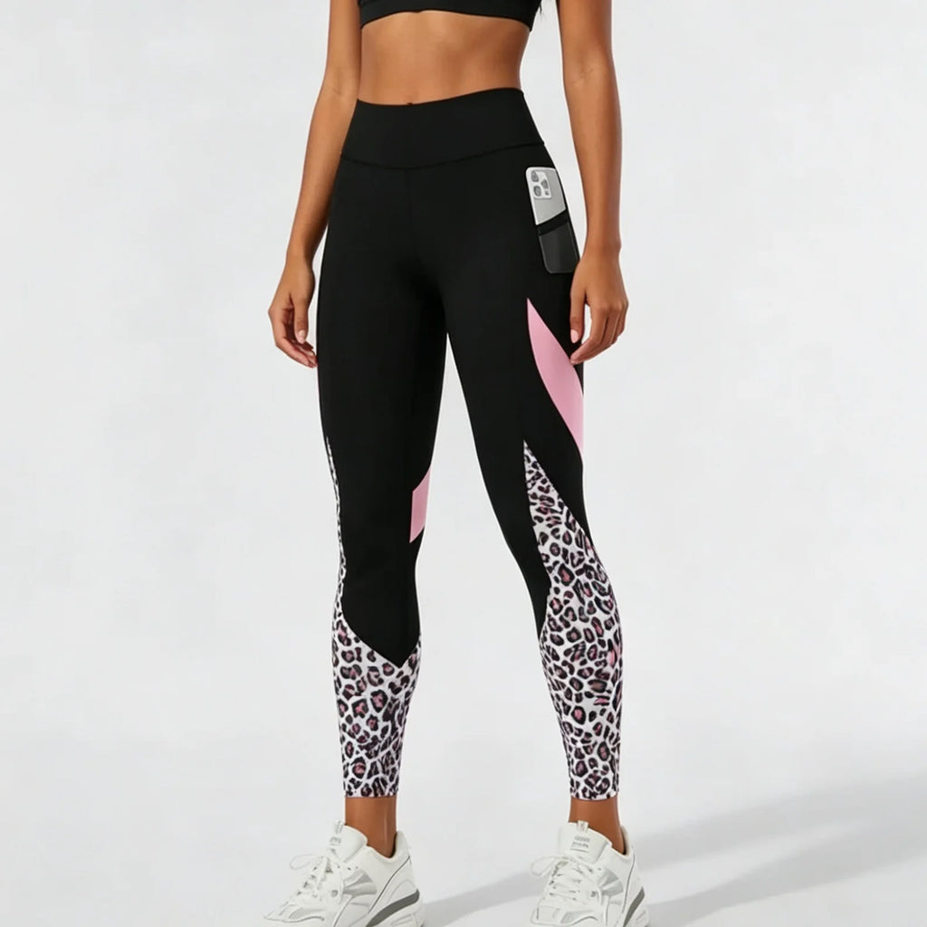 Women's High-Waist Leopard Patchwork Leggings with Pockets