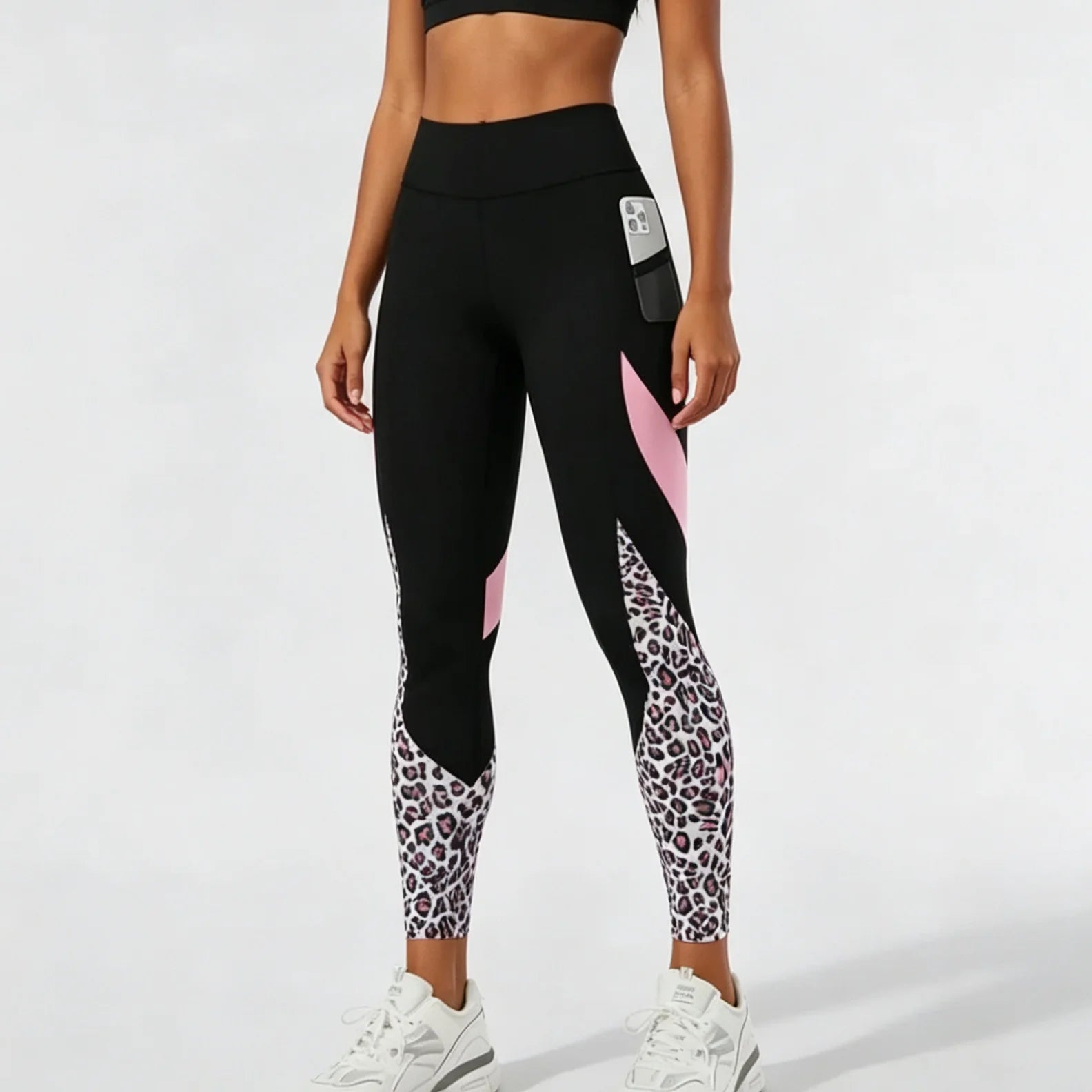 Women's High-Waist Leopard Patchwork Leggings with Pockets