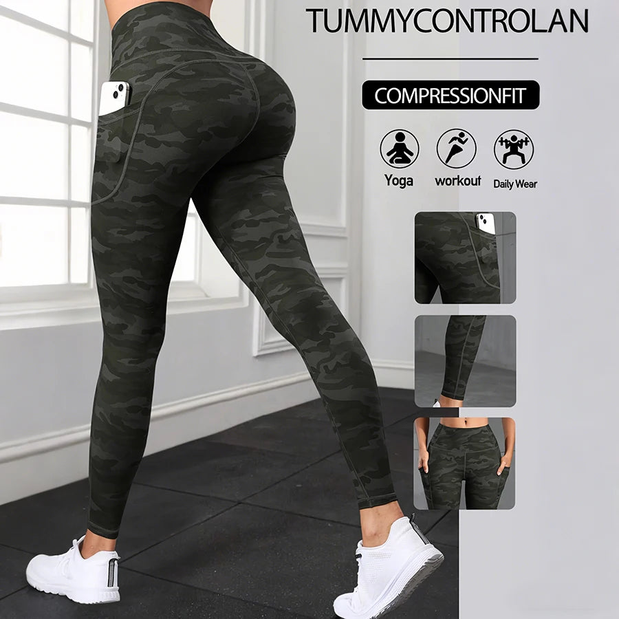 Women's Camouflage High-Waist Leggings with Pockets