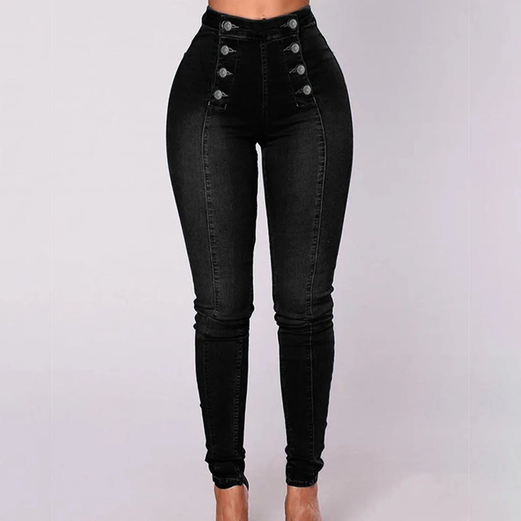 Women's High Waist Double-Breasted Multi-Button Skinny Jeans