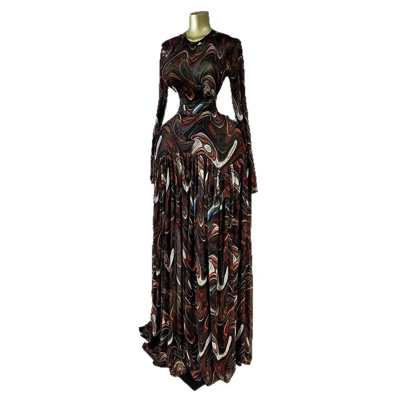 Printed Pleated A-Line Evening Gown