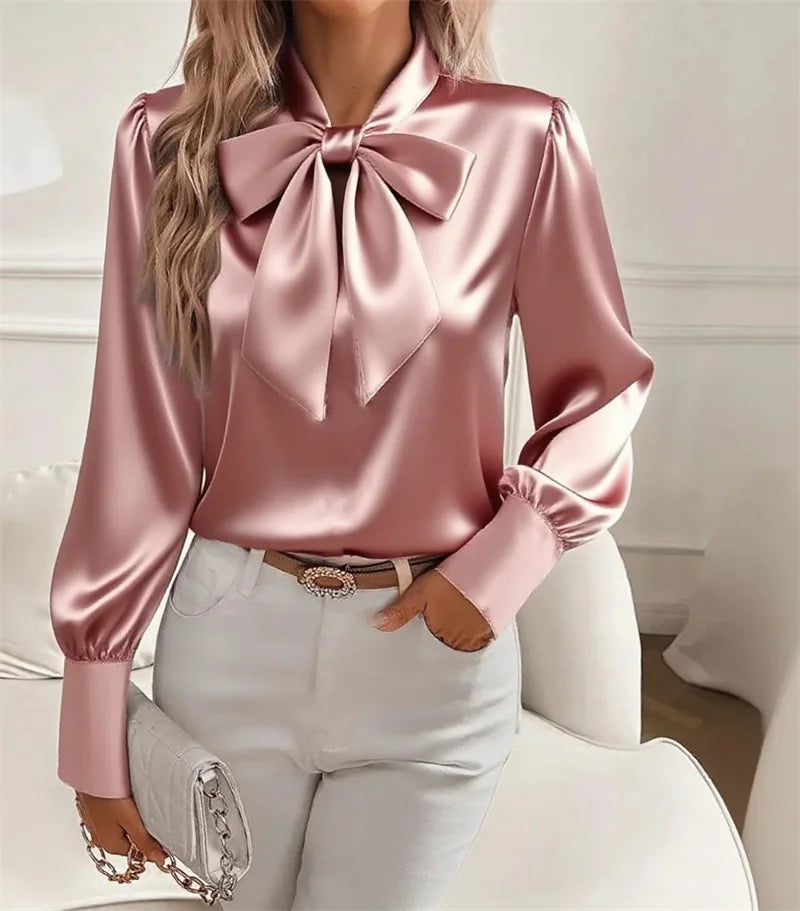 Women's Satin Bow Neck Long Sleeve Blouse