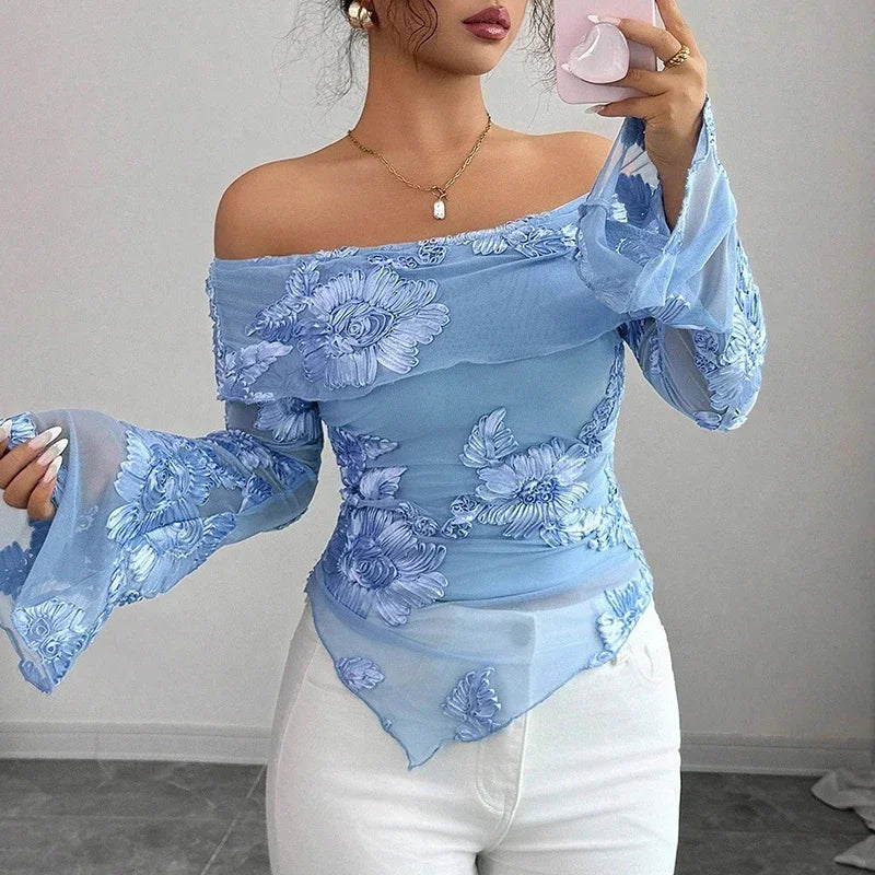 Printed Off-Shoulder Long Sleeve Top