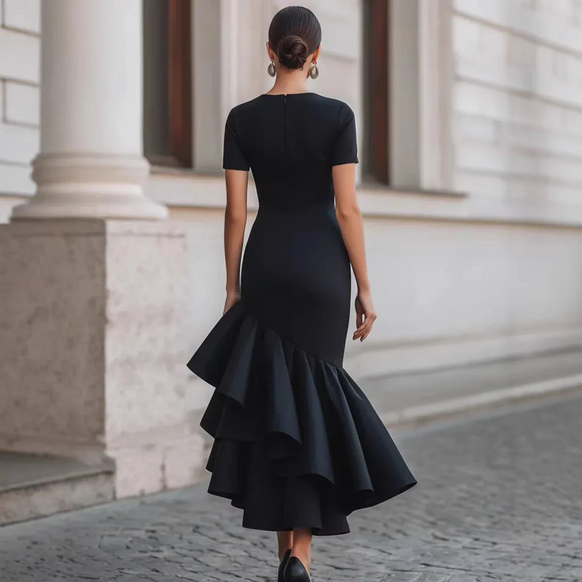 Asymmetric Ruffle Dress — Slim Fit, Short Sleeve