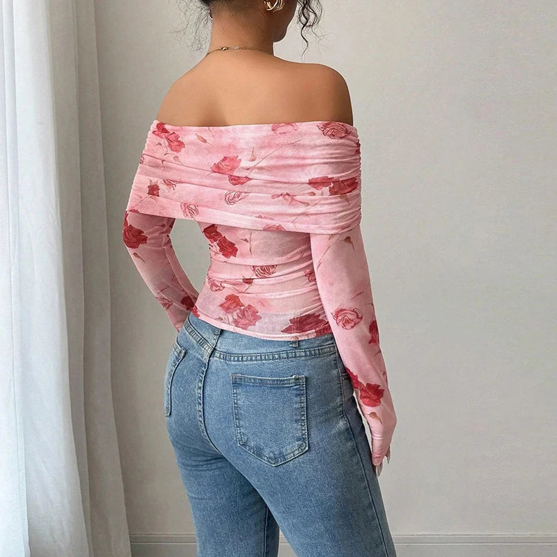 Printed Off-Shoulder Long Sleeve Top