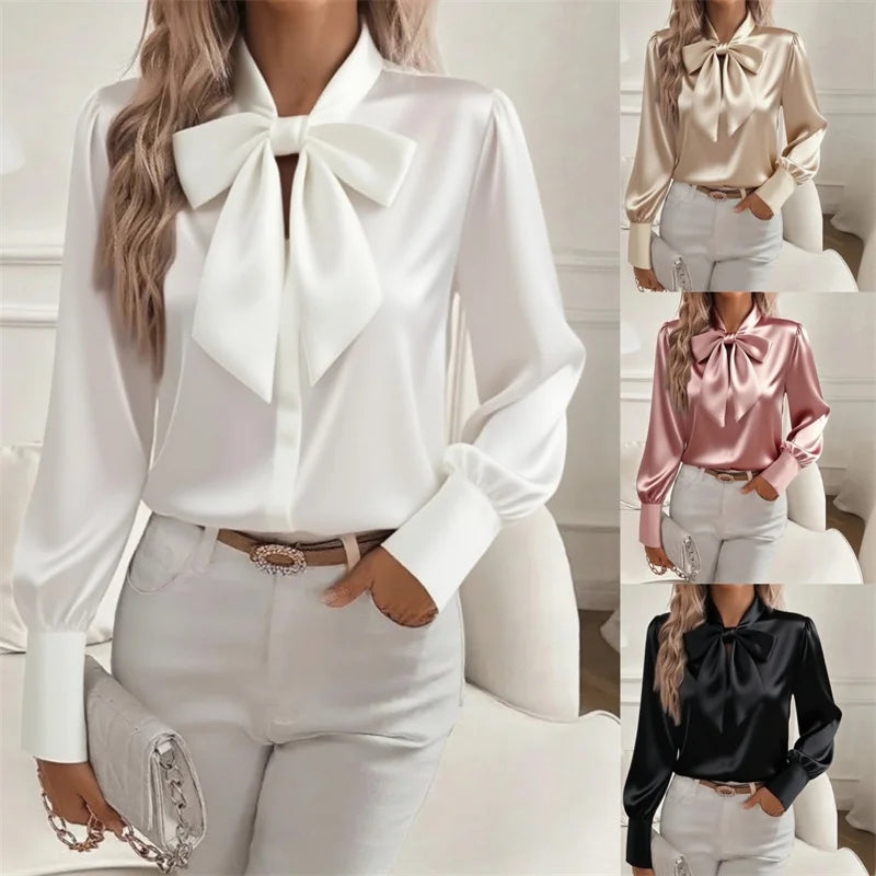 Women's Satin Bow Neck Long Sleeve Blouse