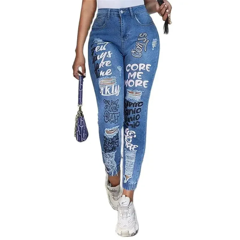 Women's Alphabet Print Distressed Stretch Pencil Jeans
