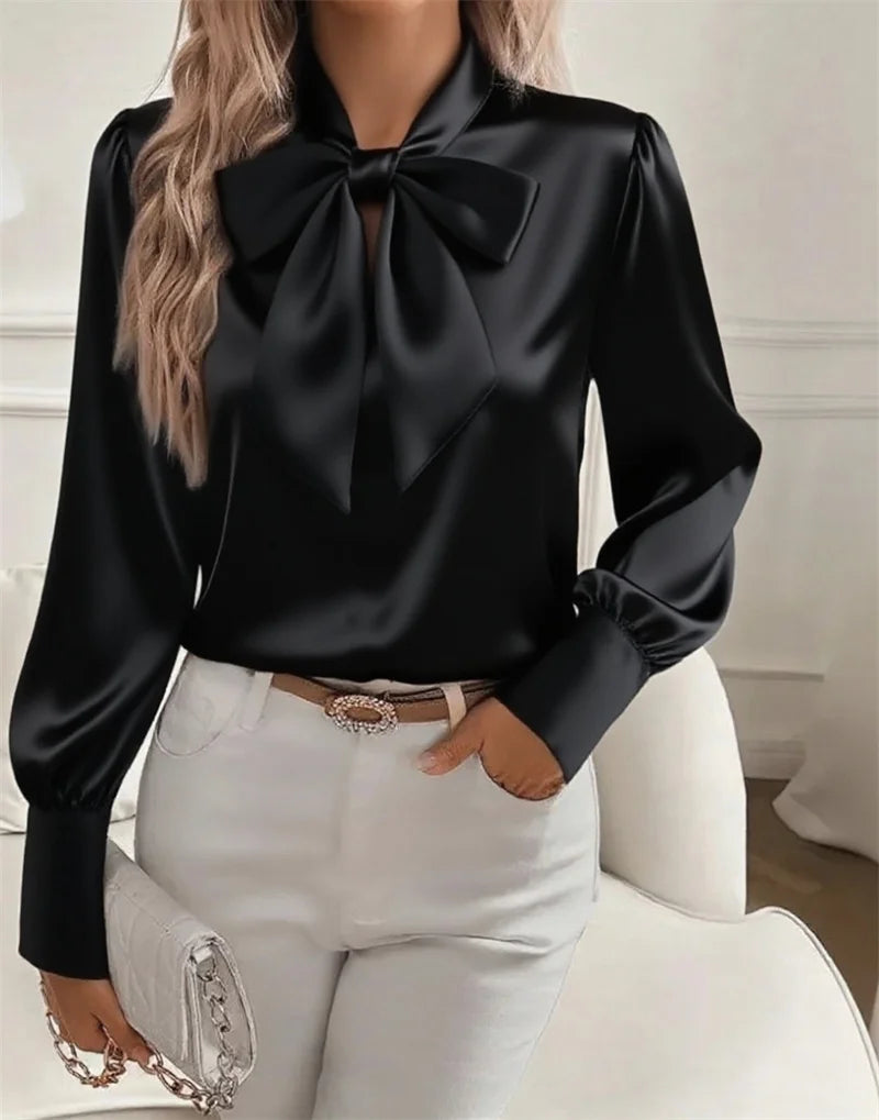 Women's Satin Bow Neck Long Sleeve Blouse