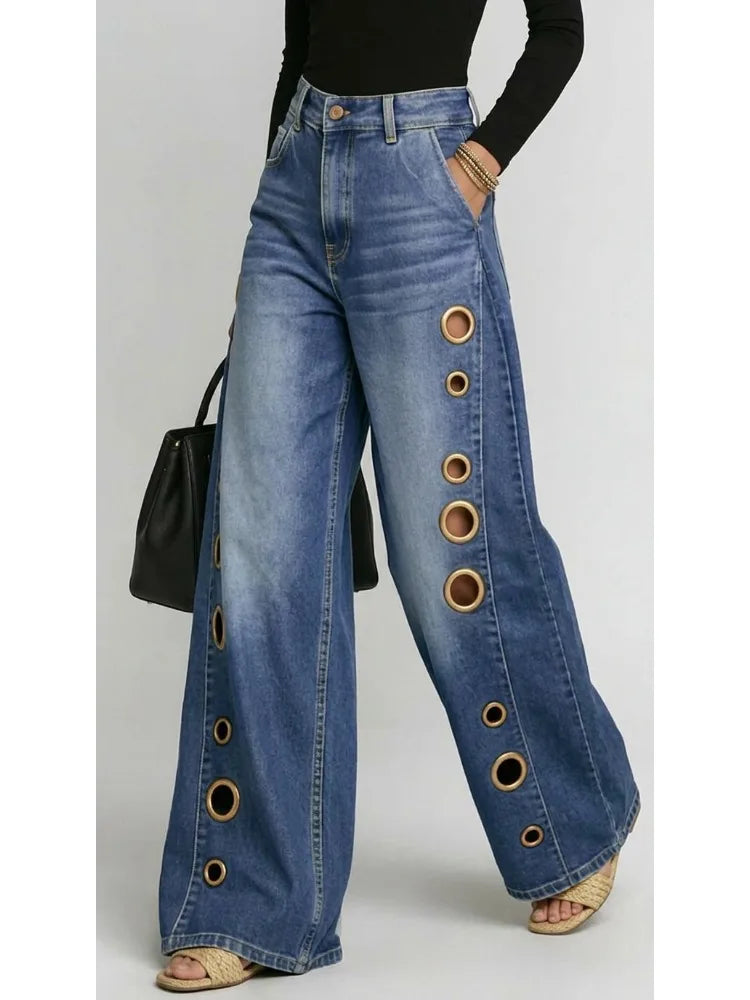 Women's High Waist Metal Grommet Wide Leg Jeans